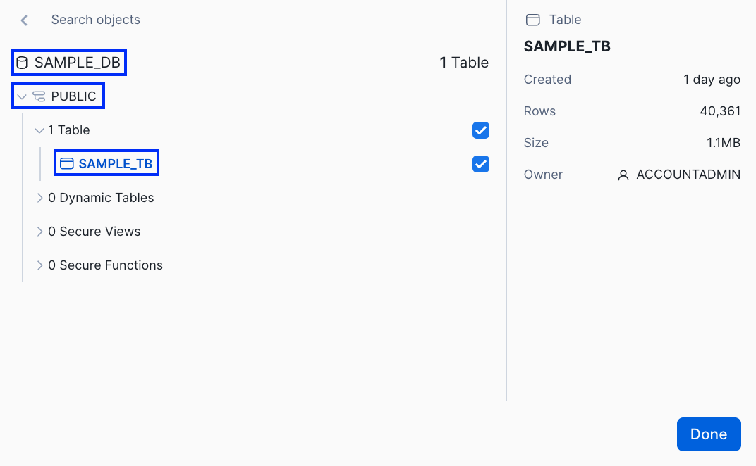 select db, schema and table